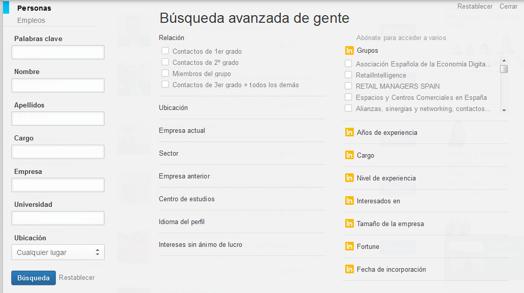 Clientes en Linkedin: : cuadro de búsqueda avanzada en Linkedin