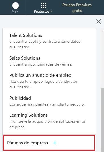 Crear empresa en LinkedIn - Productos > Crear Página de Empresa